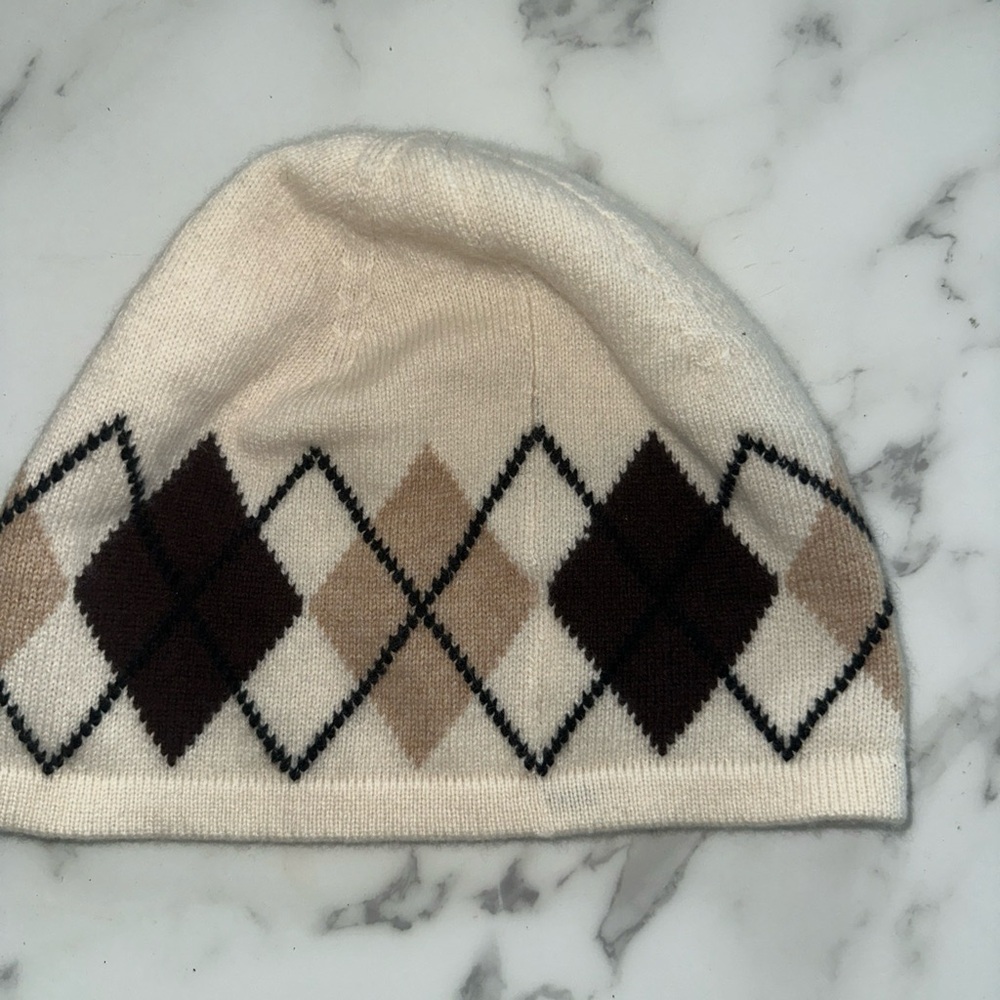 Lands end 100% cashmere Argyle Knit Beanie in Cream and Brown